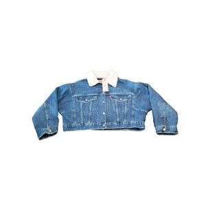 Levi’s Cropped Trucker Jacket Women Size Large Blue Jean Denim Sherpa Collar NWT